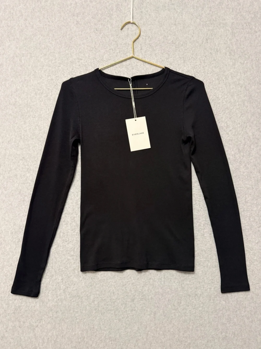 Everlane Lux Supima Micro-Rib Long Sleeve Crew Tee NWT Size Small Black Fitted - Picture 3 of 9
